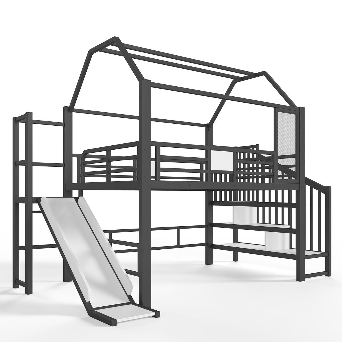 HOCHBETT 140/200cm mit Rutsche, LED/Treppe, Metall, Schwarz - Schwarz, Metall (140/200cm) - LVHOM