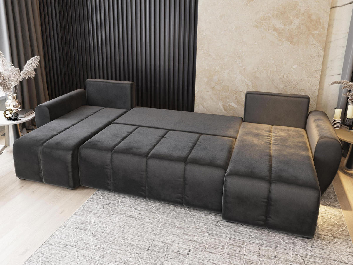 WOHNLANDSCHAFT MADISON U Grau Dünner Stoff mit Schlaffunktion - Grau, Holz (311/82/145cm) - MASSENO