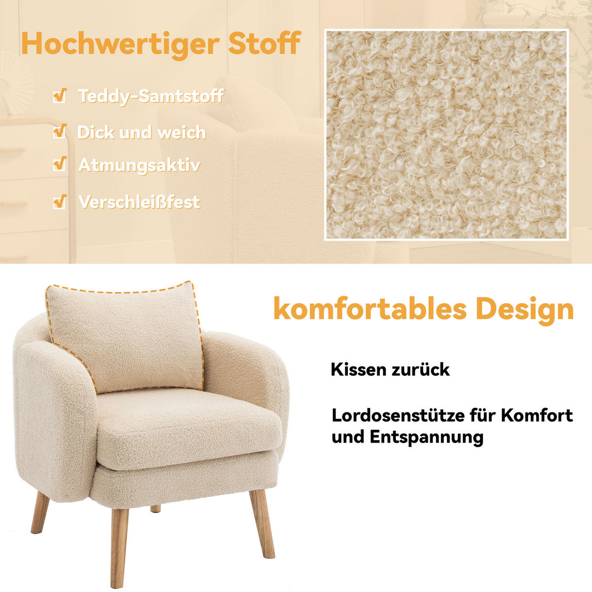 SESSEL Teddy Samt gepolstert mit Kissen extra dick Holzbein Beige - Beige, Holz (72/79/71cm) - FLIEKS