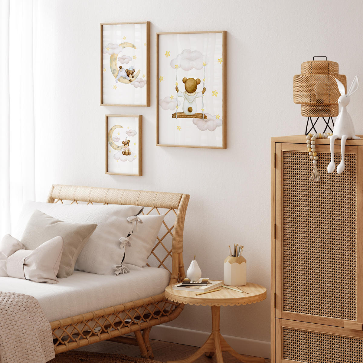 SADA PLAGÁTOV Do Detskej Izby Mackovia Mesiace Oblaky Hviezdy 3x Plagát A3 30 x 42 cm - hnedá/žltá, papier (30/42/1cm) - Muralo