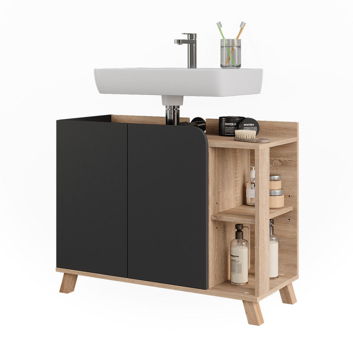 WASCHBECKENUNTERSCHRANK Karen Sonoma/Anthrazit 80 x 65 cm mit 2 Türen - Anthrazit/Sonoma Eiche, Holzwerkstoff (80/65/35cm) - Vicco
