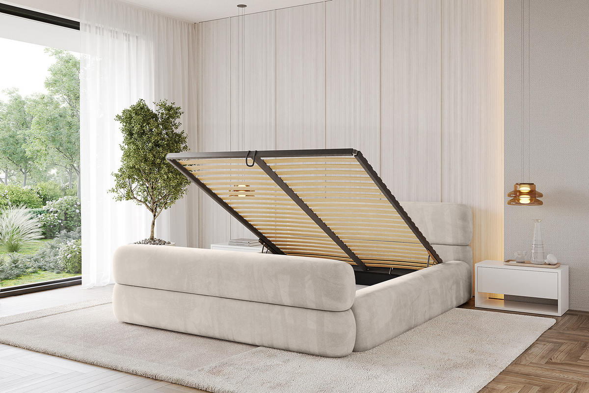 POLSTERBETT mit Bettkasten, Fußteil und Lattenrost, Boxbett mit Matratze H3/H4 - ENORA-Z-V1 120x200 Beige - Beige, Holzwerkstoff/Textil (120/200cm) - ALTDECOR