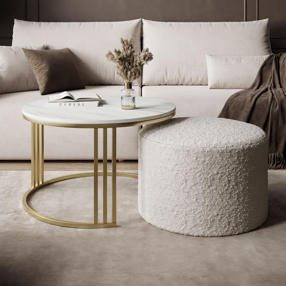 COUCHTISCH mit Hocker LORI MAT gebürstetes Gold/Marmor Levanto/Coral 65 - Weiß, Metall (70/70/49cm) - Lookway