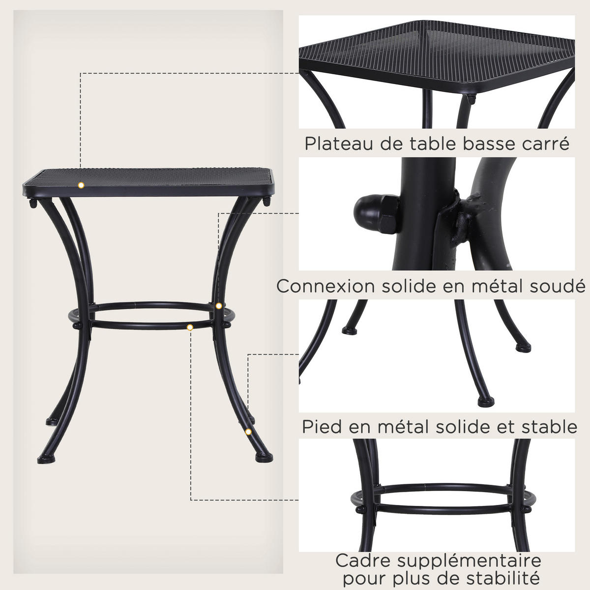 GARTENBEISTELLTISCH DE-14155 quadratisch mit Bogenfuß Schwarz - Schwarz, Metall (45/45/50cm) - ComfortXL