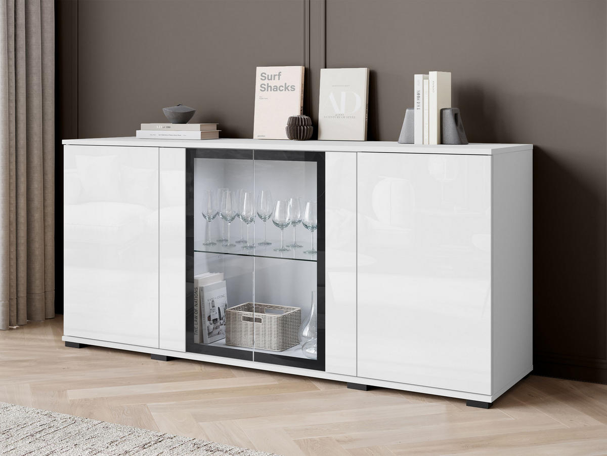 KOMMODE Caro SB 154 4D mit weißer LED Beleuchtung - Schwarz/Weiß, Holzwerkstoff/Kunststoff (150/70/40cm) - MIRJAN24