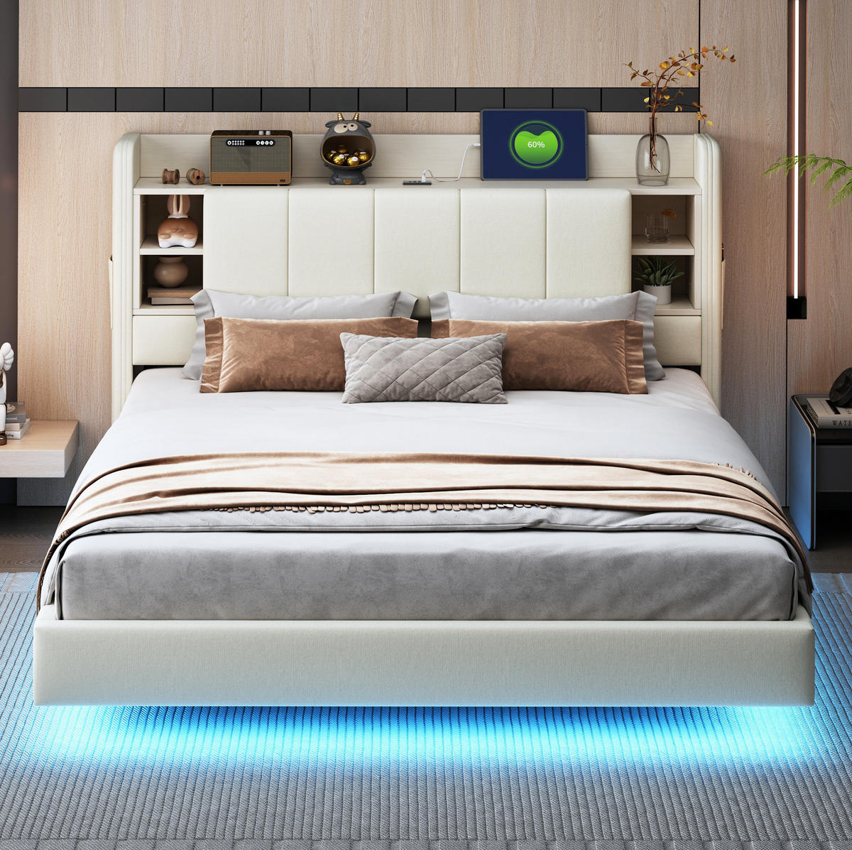 POLSTERBETT mit LED-Beleuchtung 160/200 cm mit USB und Stauraum in Beige - Beige, Textil (160/200cm) - BEAOK