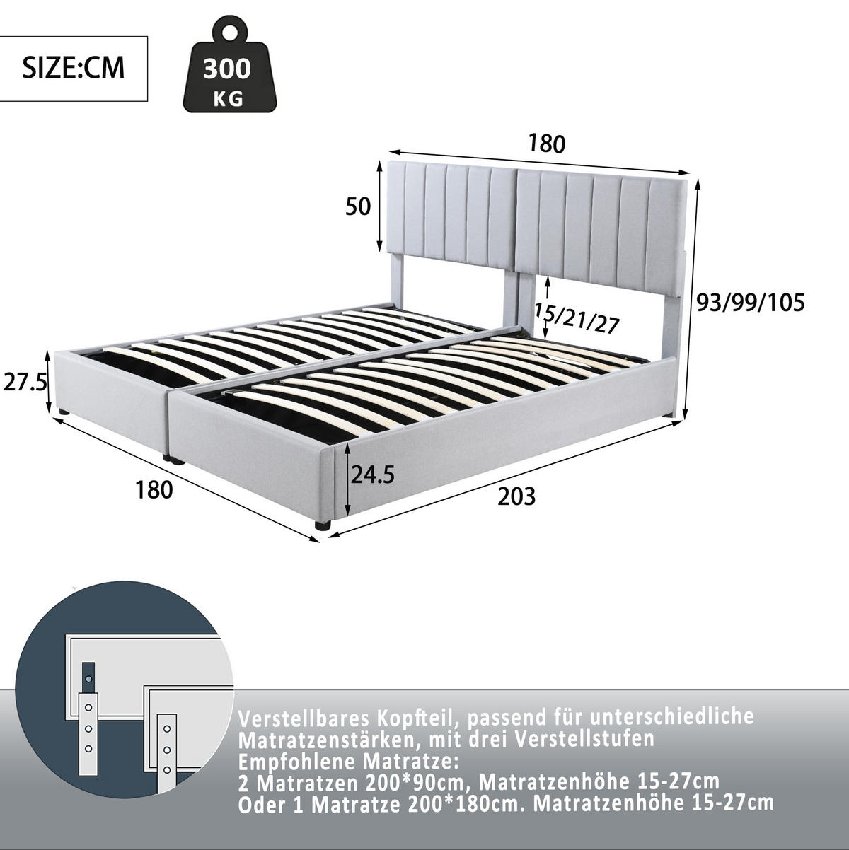 POLSTERBETT 180/200 cm grau aus Leinenstoff mit Stauraum - Grau, Textil (180/200cm) - OKMYHOME