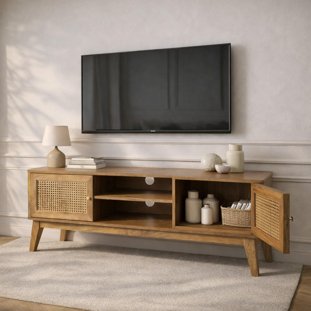 TV-MÖBEL 2 türen mit rattan-geflecht palmo 39/49/140 cm - Eschefarben, Holzwerkstoff (140/49/11cm) - Calicosy