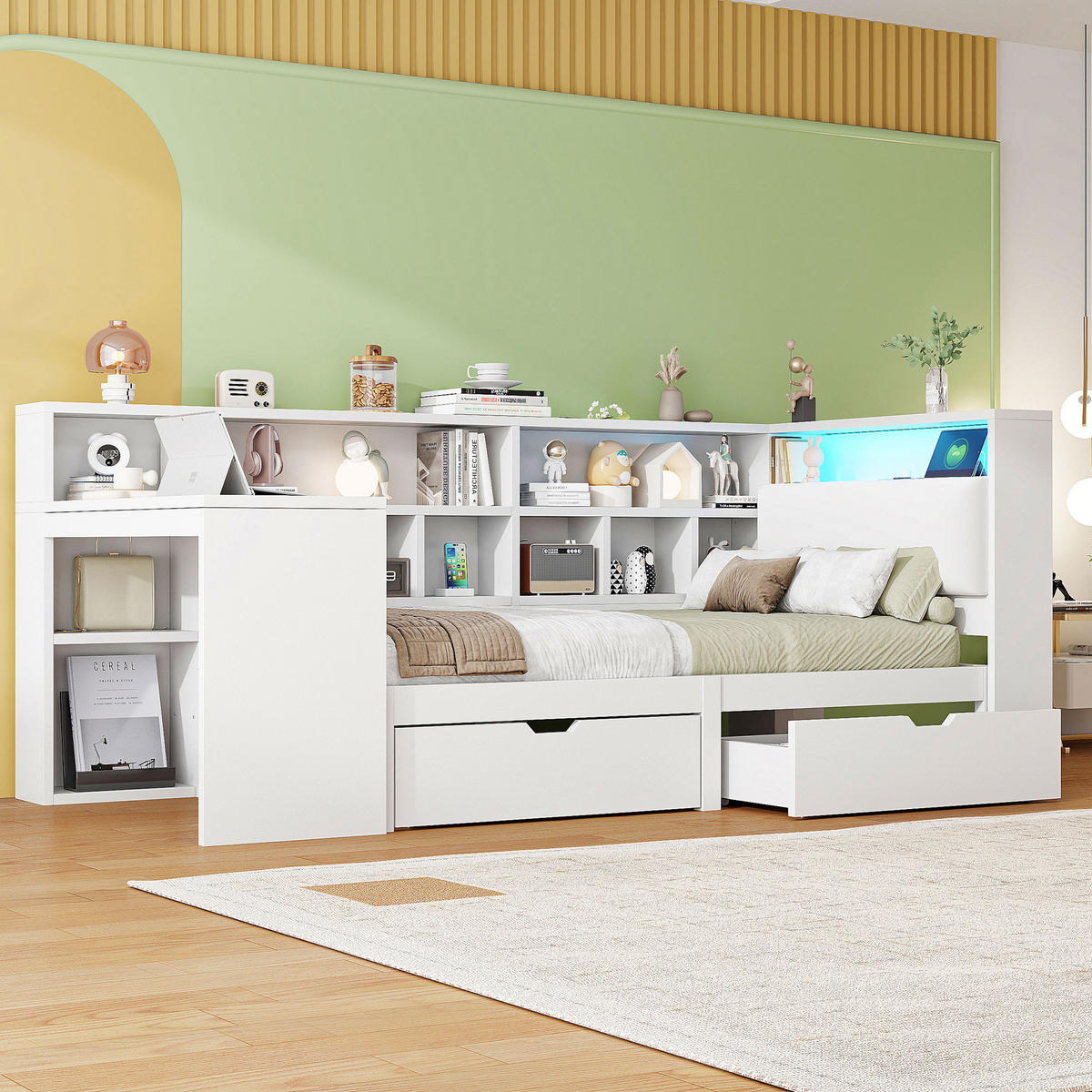 MULTIFUNKTIONSBETT 90/200 cm Weiß L-förmiges Bett mit Schreibtisch Bücherregal und LED-Beleuchtung - Weiß, Holzwerkstoff (90/200cm) - OKWISH