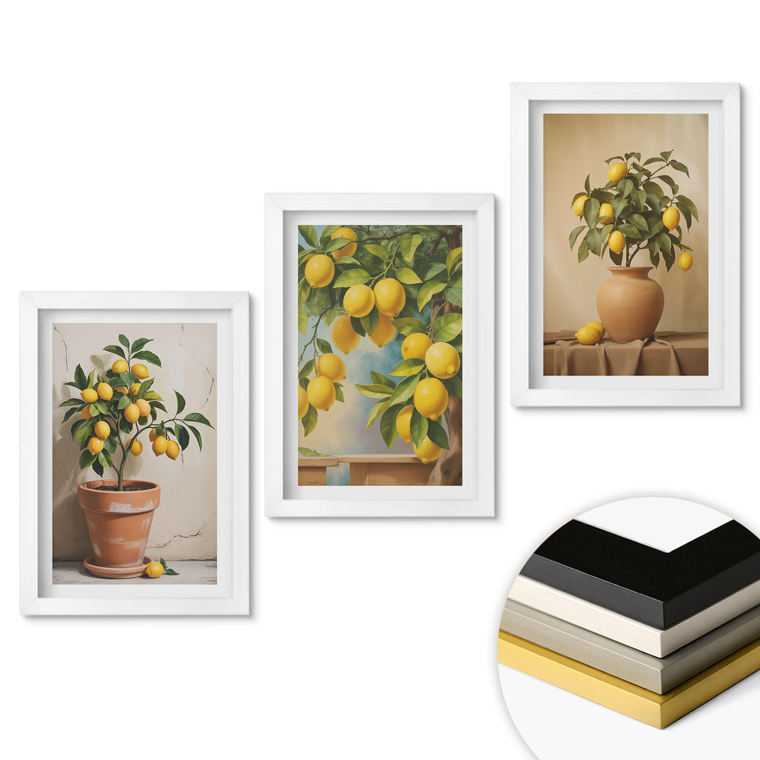 WANDBILDER 3er-Set - 20x30 cm Weißer Rahmen - Zitronenbäumchen im Topf und in der Vase - Weiß, Kunststoff (20/30cm) - ArtPrintCave