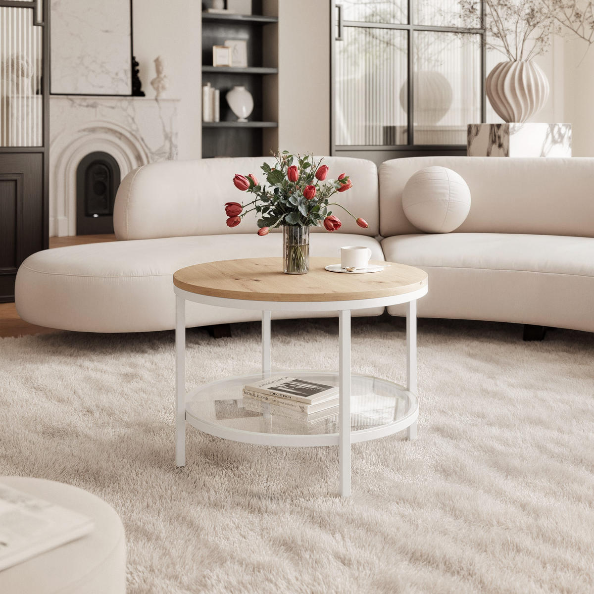 COUCHTISCH CANDY 60/42 cm runden, Weiß / Artisan-Eiche - Weiß/Eiche Artisan, Metall (60/60/42cm) - Idohome