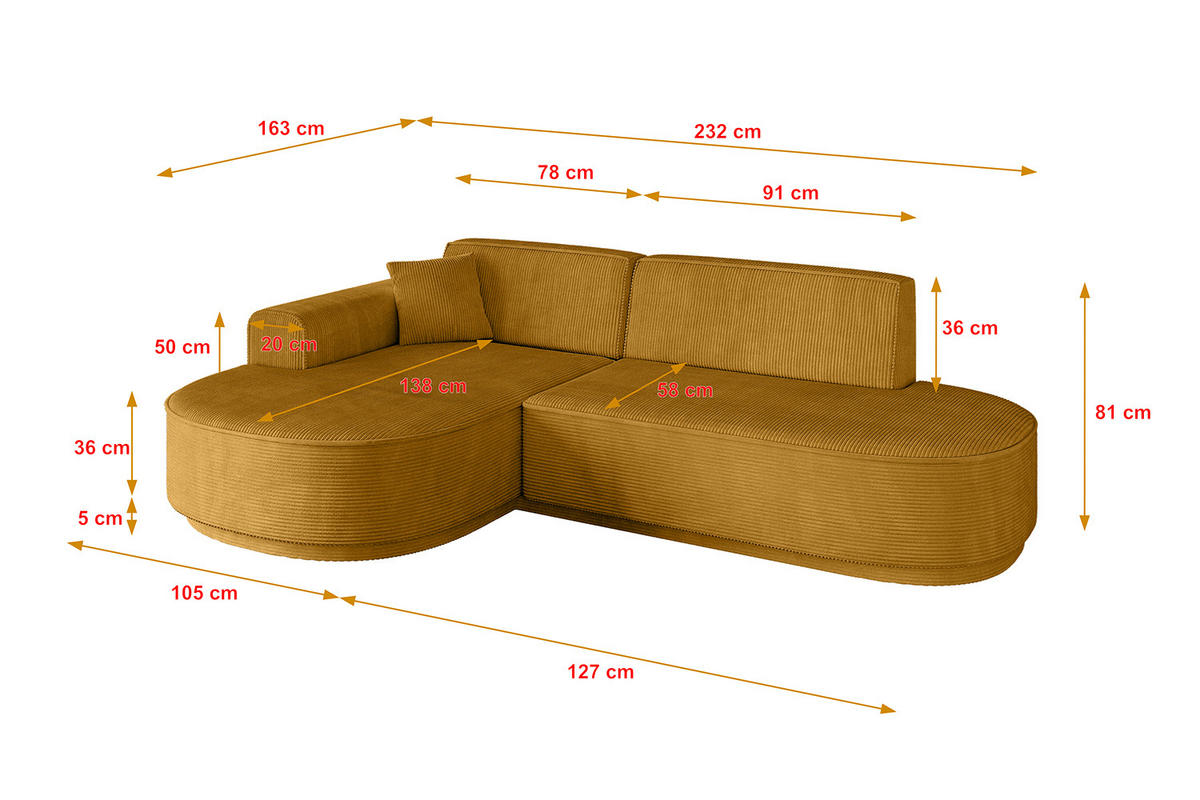 ECKSOFA Ottomane Links MARI-L1 - 232x163x81 cm Senfgelb Cord - Gelb/Schwarz, Holzwerkstoff/Kunststoff (163/234cm) - ALTDECOR