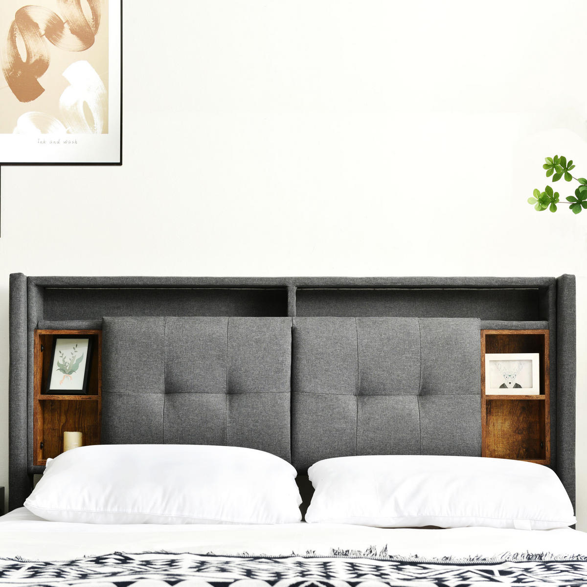 POLSTERBETT 140/200 cm in Grau mit Stauraum-Kopfteil, LED, USB und Steckdosen Leinen - Schwarz/Grau, Holzwerkstoff/Textil (140/200cm) - STILVORA