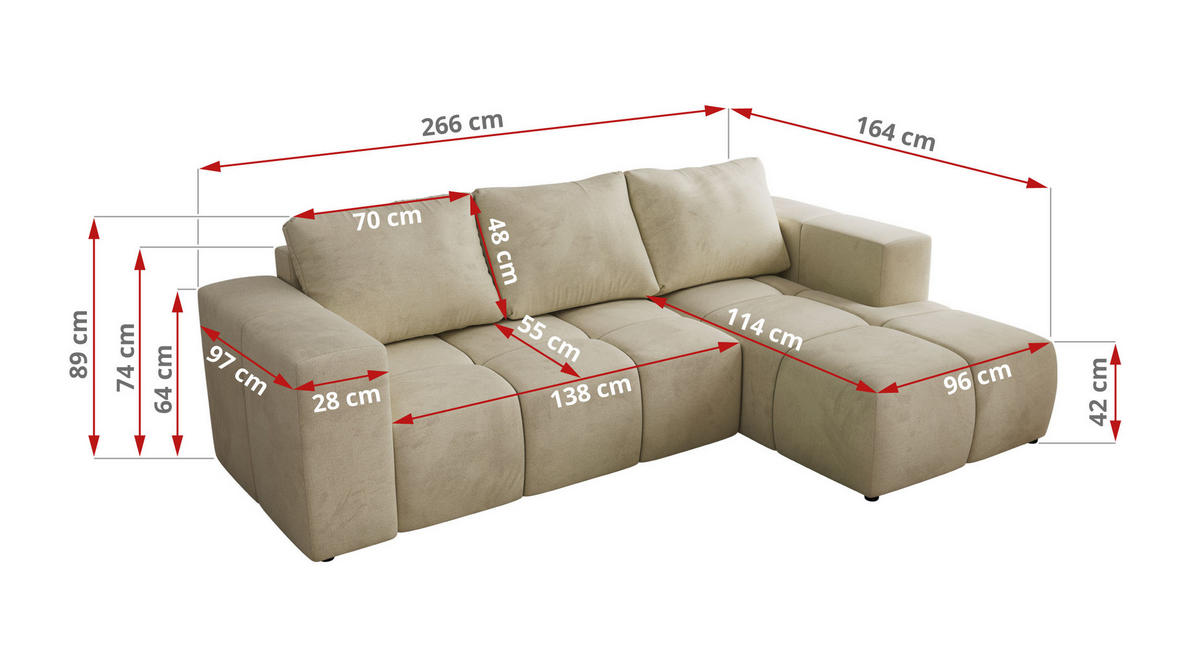 ROHOVÁ SEDAČKA MONIVA L - Béžová Samet - Pravá Strana - černá/béžová, textil/plast (266/164cm) - MKS