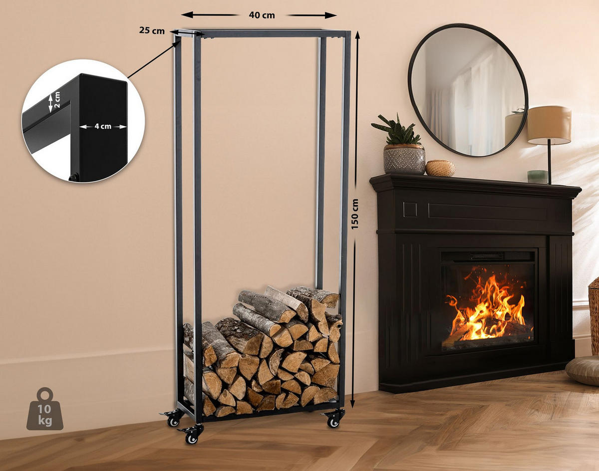 KAMINHOLZREGAL innen Metall BETTA - mit Rollen, 25x40x150 | Brennholzregal innen - Schwarz, Metall (40/150/25cm) - DELUKE