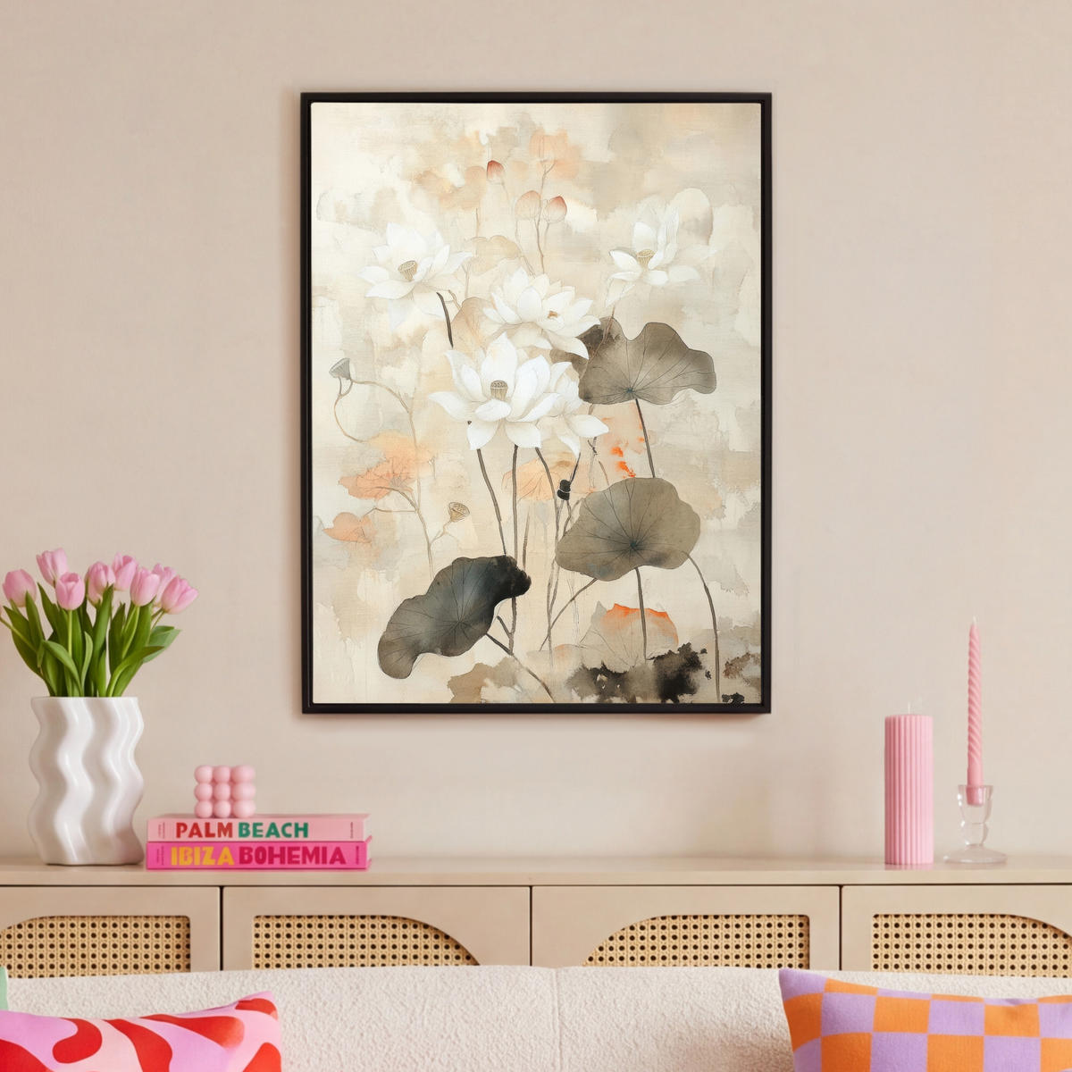 LEINWAND Bilder mit Rahmen - Blumen - Japandi - Wabi sabi - 70x100 - Sandfarben, Textil (70/100cm) - MuchoWow