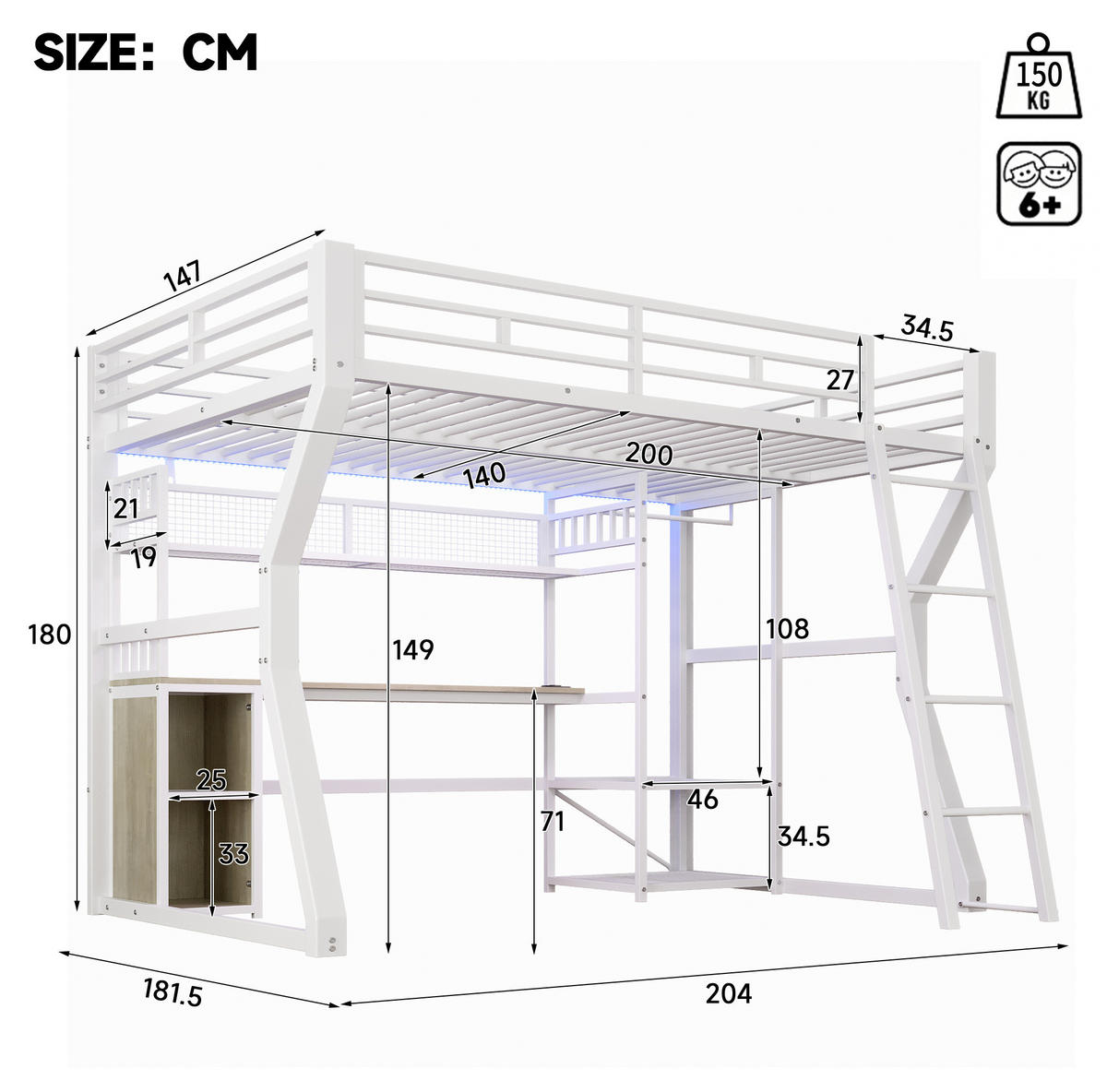 VISOKA postelja 140/200 cm bela z mizo, osvetlitvijo in obešalnim delom iz kovine in MDF - bela, leseni material (140/200cm) - OKWISH
