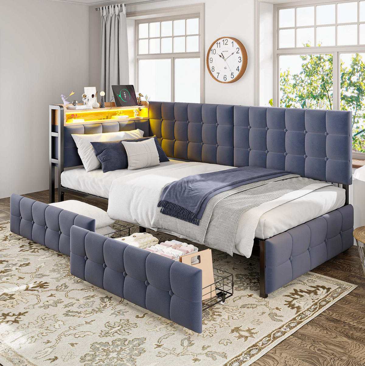 SCHLAFSOFA 90/200 cm mit LED-Beleuchtung, USB- und Typ-C-Anschluss, 2 Schubladen und Samtbezug, Grau - Grau, Textil (99/83.5/208.5cm) - Redom