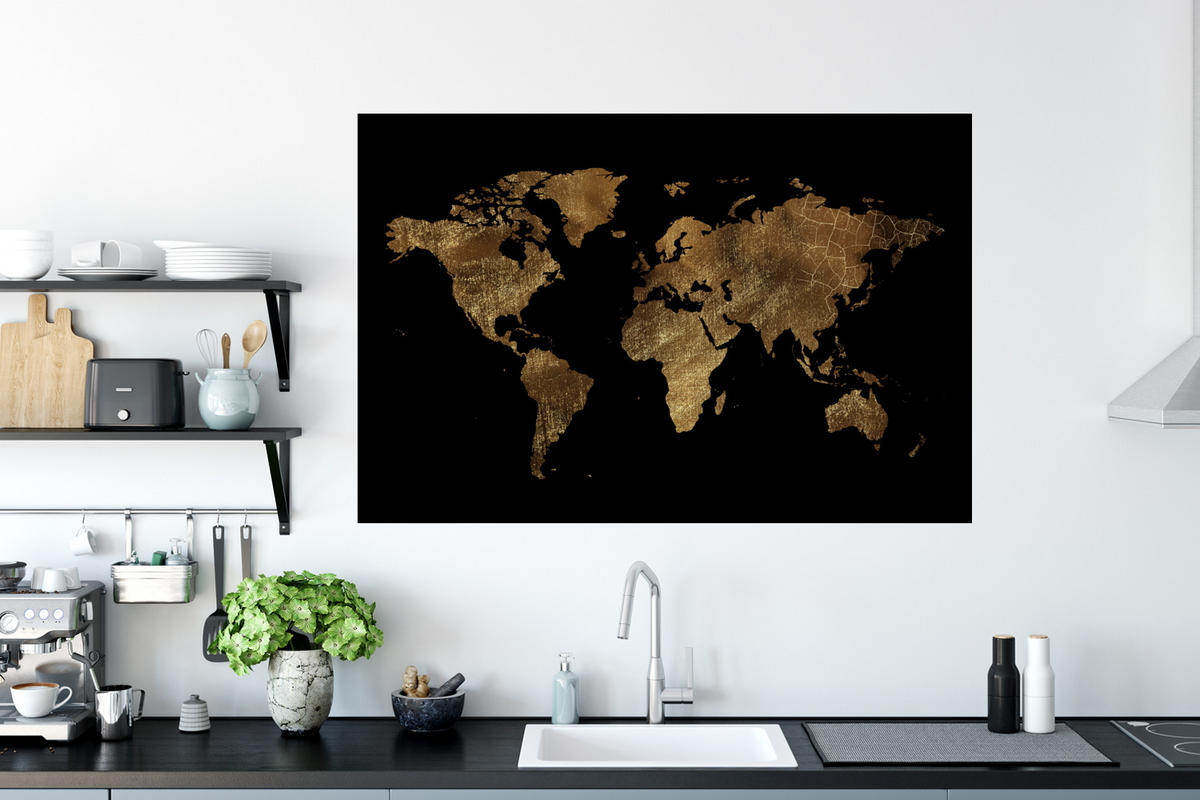 WANDTATTOO Weltkarte - Gold - Luxus - Erde - Schwarz 120x80 cm - Goldfarben, Kunststoff (120/80/0.1cm) - MuchoWow