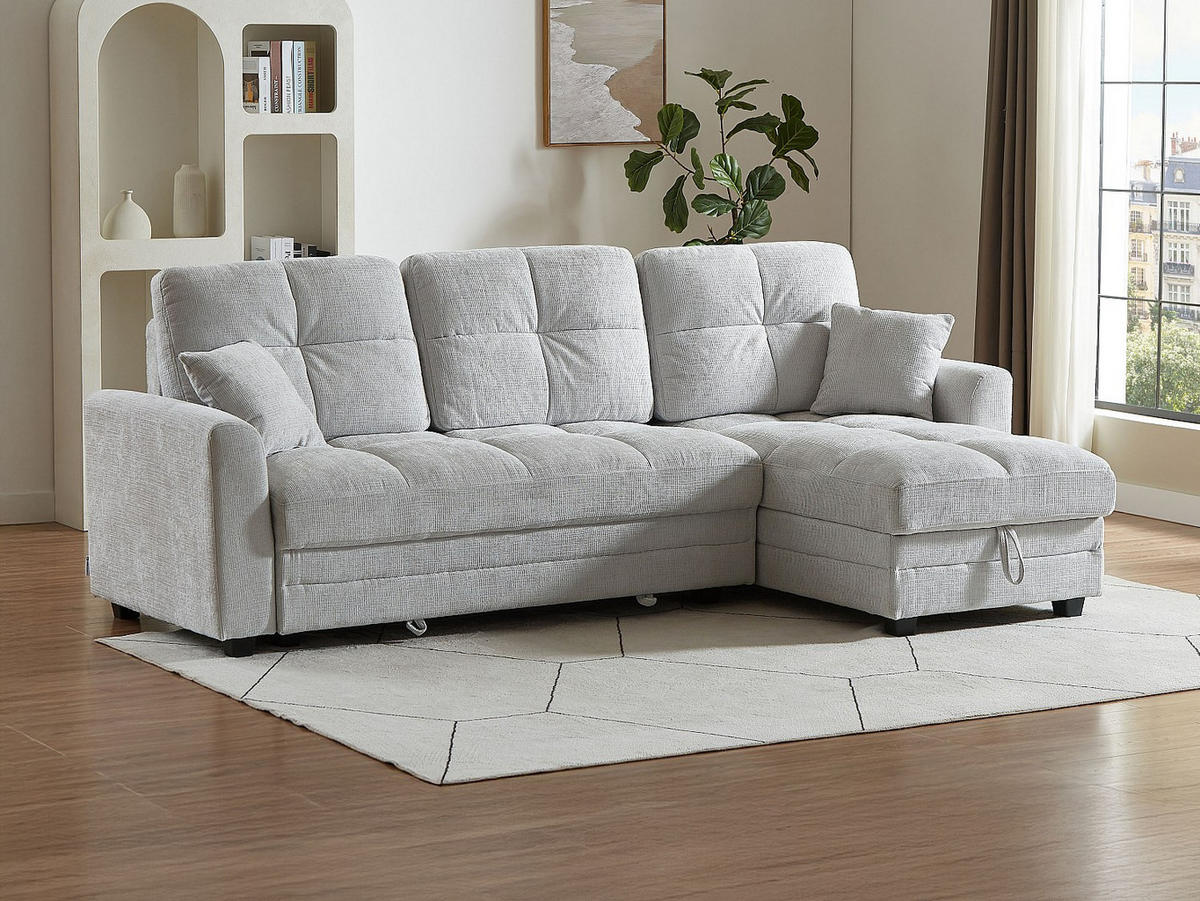 ECKSOFA mit Schlaffunktion & Ecke wechselbar - Chenille-Stoff - Hellgrau - LUMARIO - Hellgrau, Textil (260/155cm) - Vente-Unique