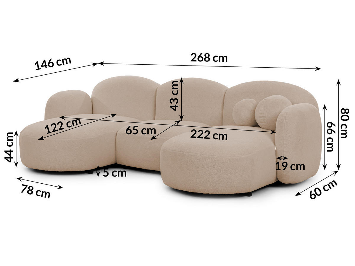 WOHNLANDSCHAFT Nuvola mit abgerundetem Design Hellbeige Bouclé-Stoff - Beige/Schwarz, Holz/Kunststoff (268/80/146cm) - S-Style Möbel