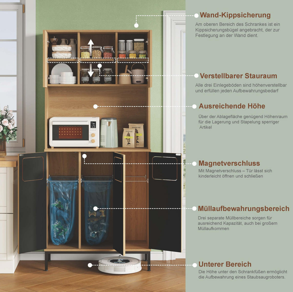BUFFETSCHRANK 35/80/181 cm mit Mülltrennung, Mikrowellenfach und verstellbaren Böden aus MDF, Natur - Naturfarben, Holzwerkstoff (80/181/35cm) - Redom