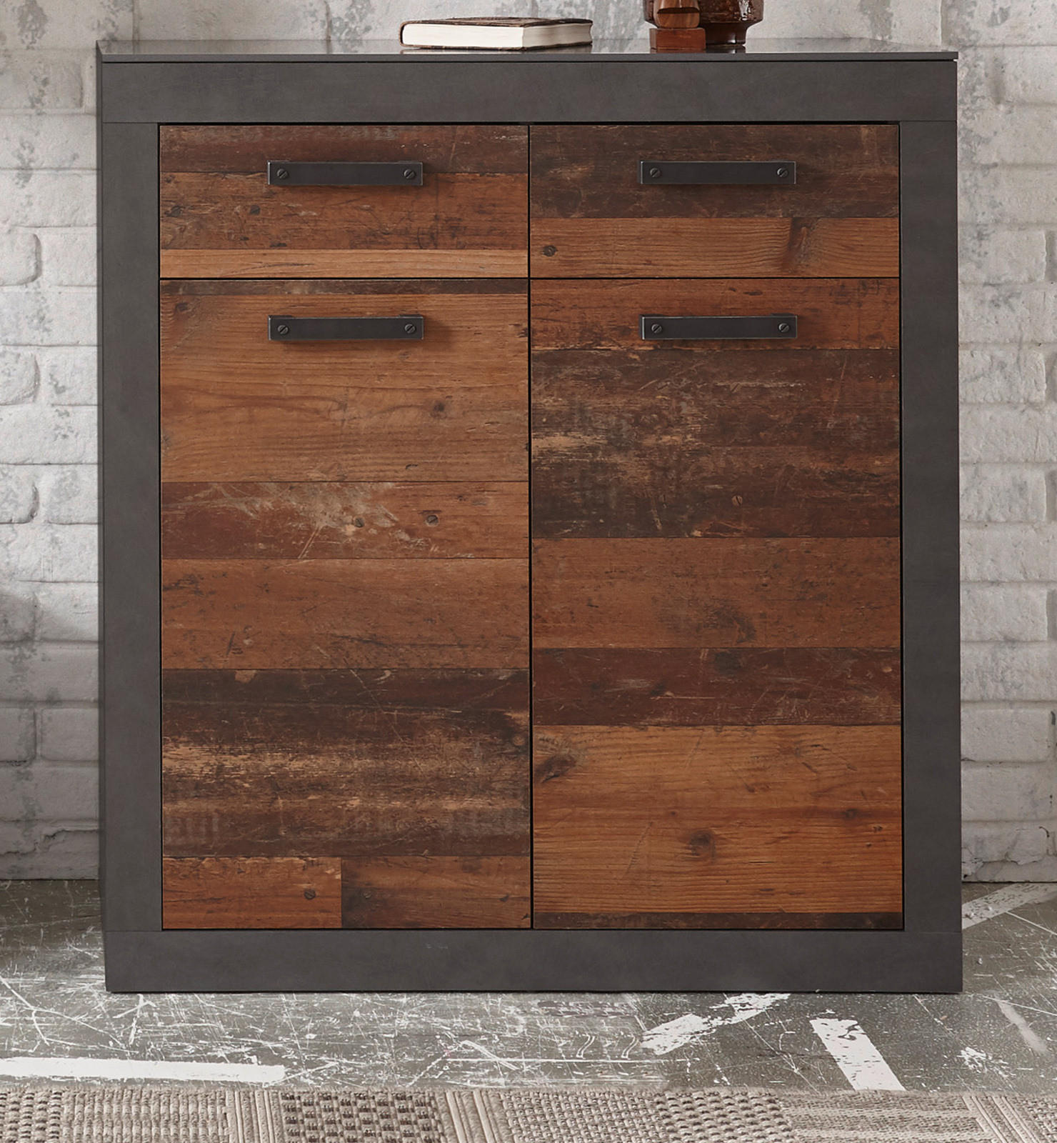 KOMMODE Used Wood, Matera grau 92 cm, Schuhschrank im Shabby-Design - Schwarz/Naturfarben, Holzwerkstoff/Metall (92/104/42cm) - Furn.Design