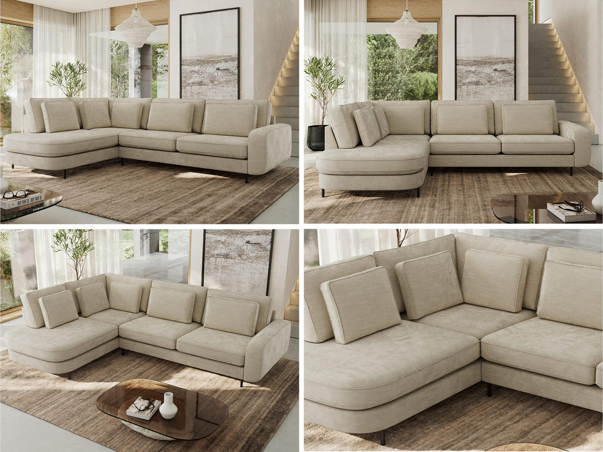 ROHOVÁ SEDAČKA CALENO L - Béžová Hrubě tkaná žinylka - Pravá Strana - černá/béžová, kov/textil (317/225cm) - MKS