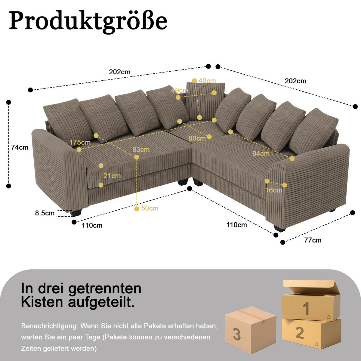 ECKSOFA Cord mit tiefem Sitz, Kissen 202/202/74 cm Braun - Braun, Textil (202/202cm) - Redom