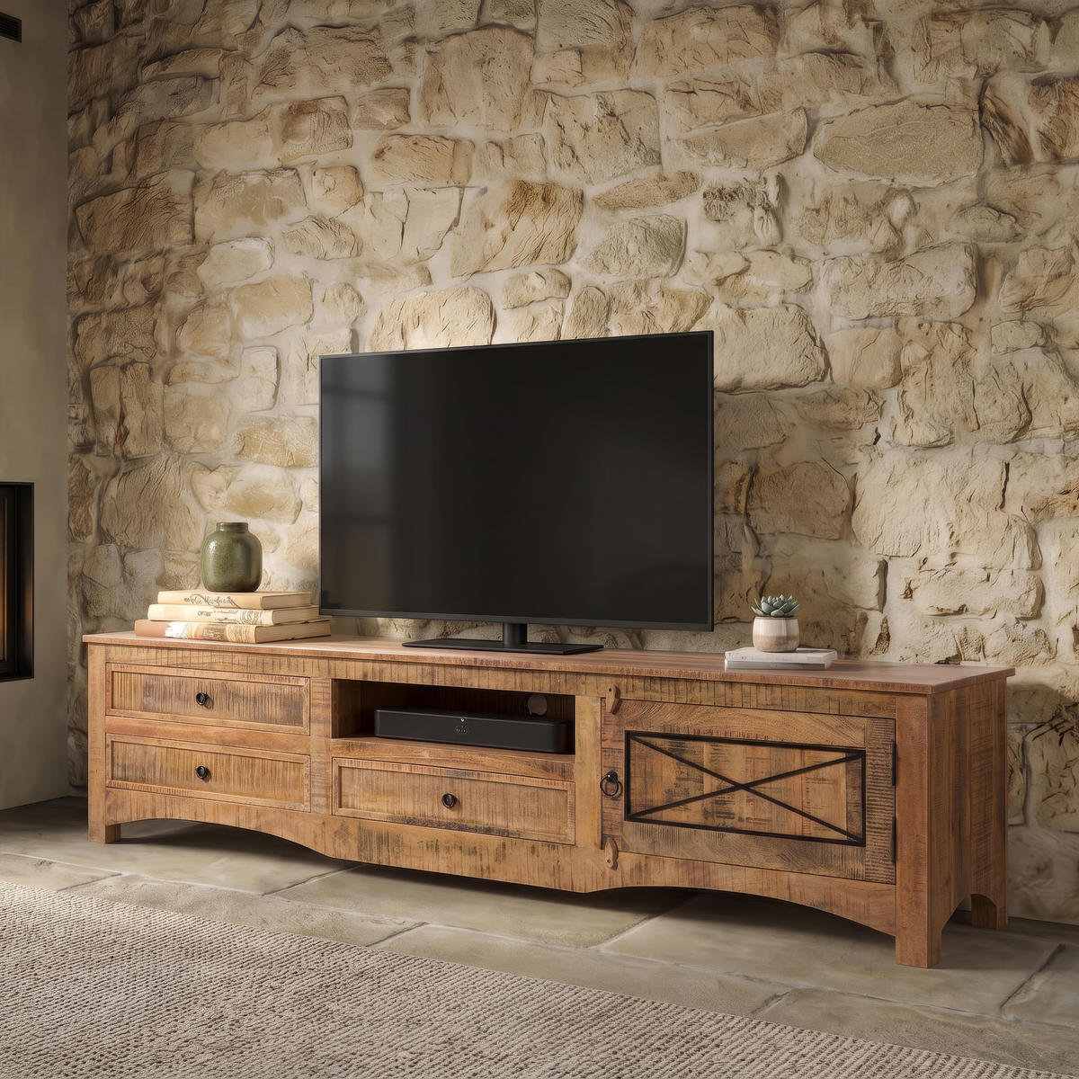 TV-BOARD Akazie 220x40x50 natur versiegelt NATURE OF SPIRIT #244 - Naturfarben, Holz (220/50/40cm) - Massivmoebel24