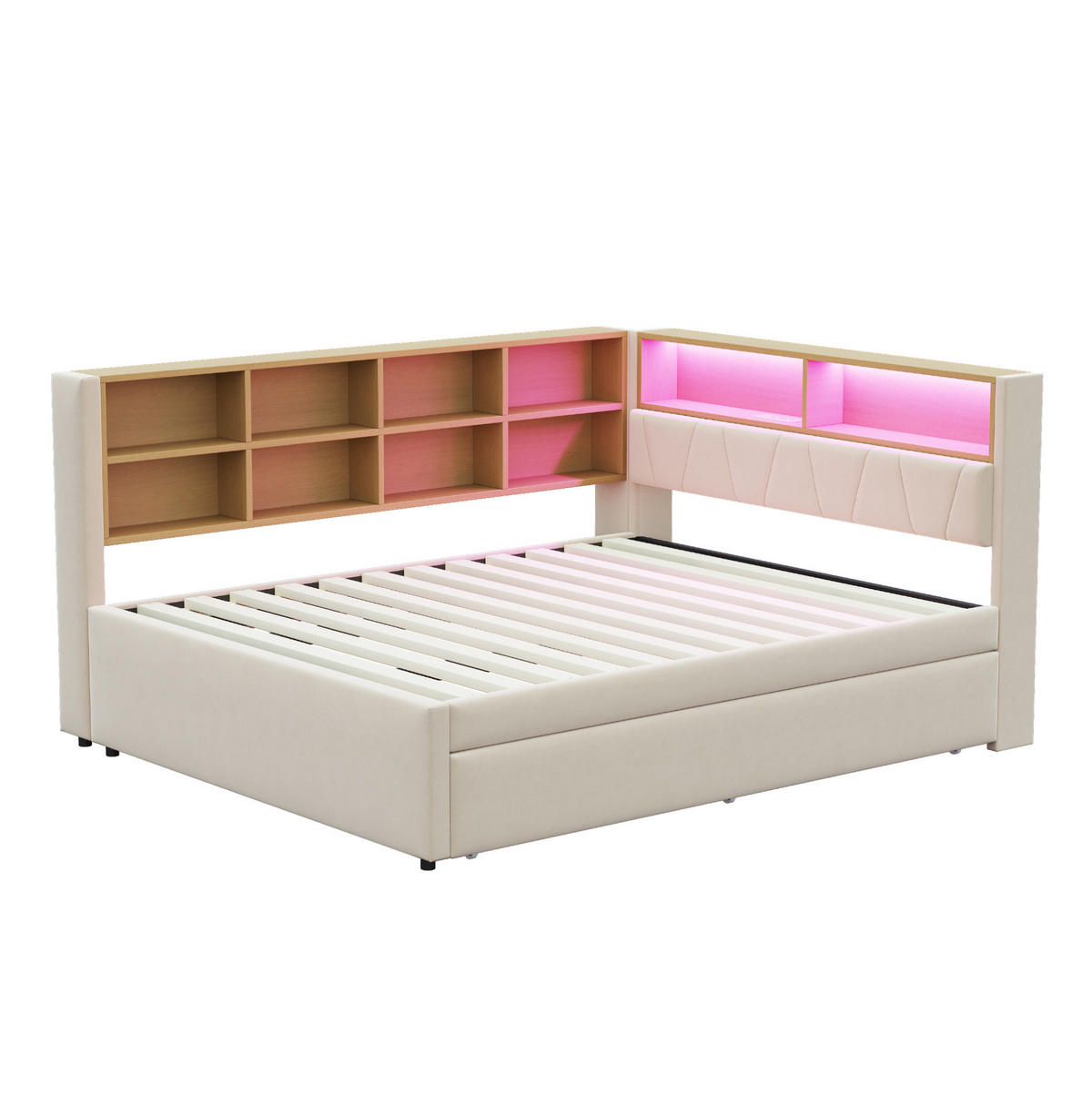 KREVET 140/200 cm s izvlačnim ležajem 90/190 cm, LED osvjetljenjem i USB priključcima, Bež - bež, tekstil (213/98/153cm) - Redom