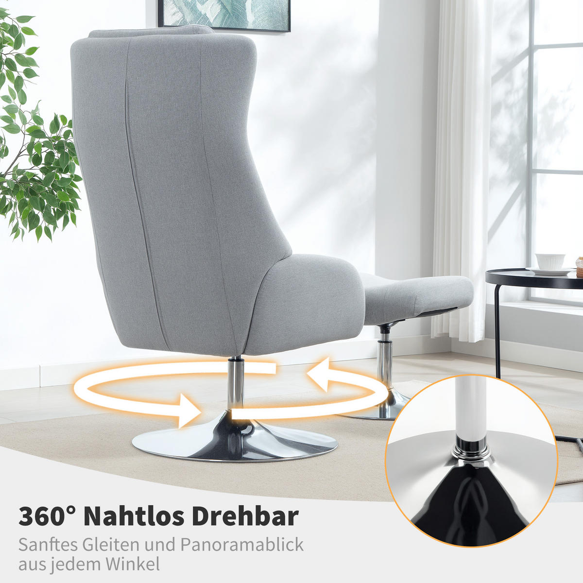 POLSTERSTUHL DE-07556 mit Fußhocker, drehbar und zurücklehnbar Grau - Grau, Metall (68/118/84cm) - ComfortXL