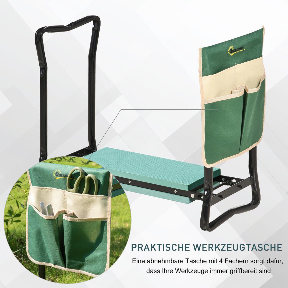 KNIEBANK mit Werkzeugtasche, EVA-Schaumstoff, 58 x 28 x 49 cm - Grün, Kunststoff (28/49/58cm) - Outsunny