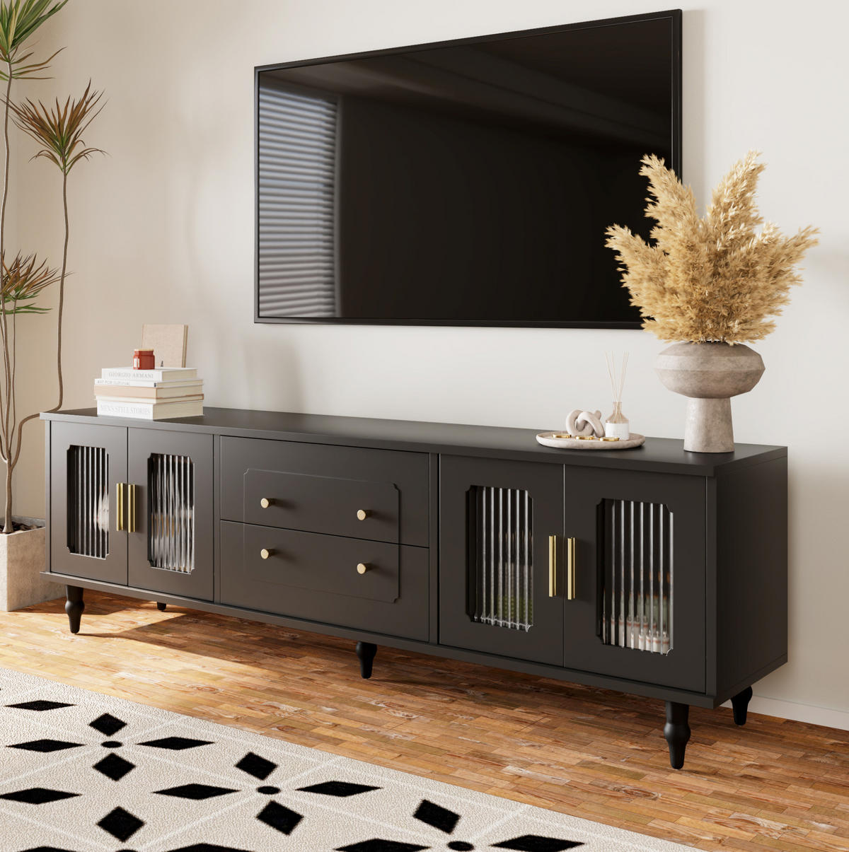 TV-MÖBEL mit Glastüren und Schubladen 177 x 38 x 55,5 cm Schwarz - Schwarz, Holzwerkstoff (38/55.5/175cm) - Beauniv