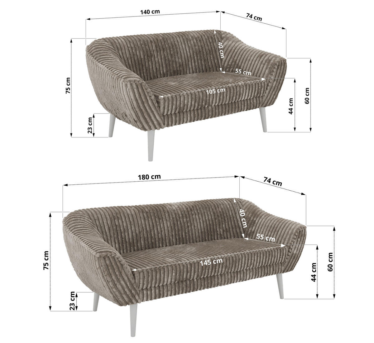 SEDACÍ SOUPRAVA 3+2 PIRS - Světle hnědá Manšestr - Bílé nohy - bílá/světle hnědá, kompozitní dřevo/textil (180/75/74cm) - MKS