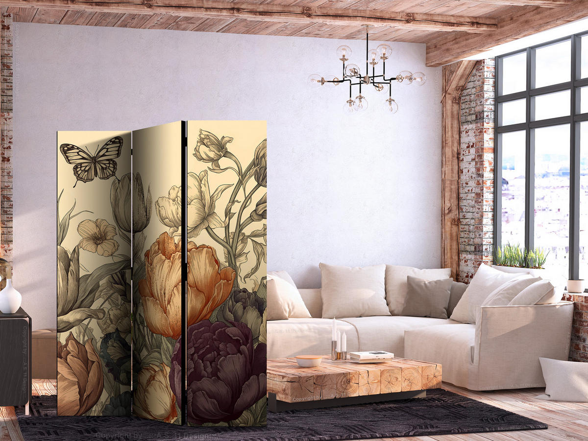PARAVENT Einseitig Bedruckter 3-tlg 135x172 cm Tulpen im Retro - Multicolor, Holz/Textil (135/172/3cm) - Muralo