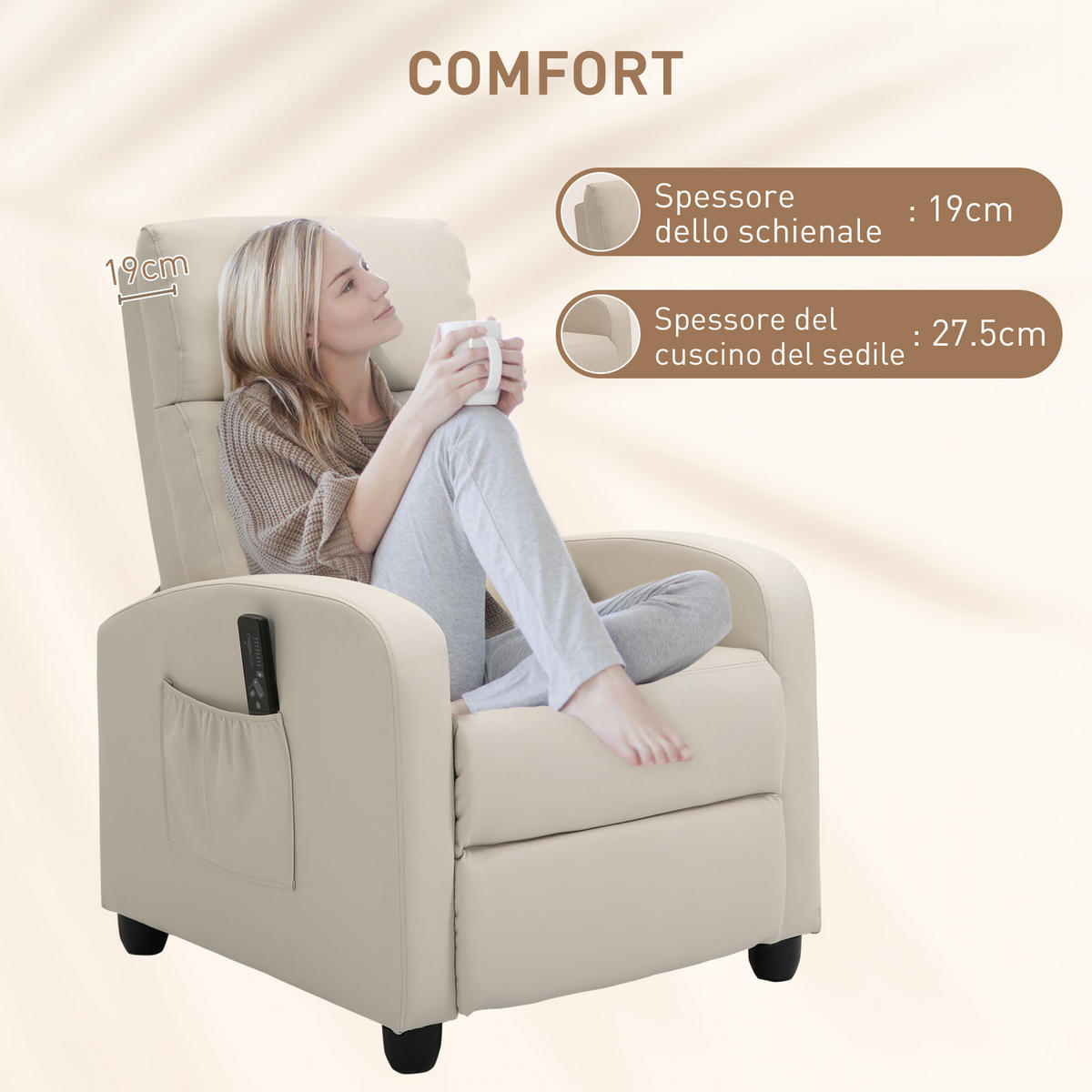 MASSAGESESSEL, Entspannend, Fernbedienung, 8 Programme, verstellbare Lehne, 68x88x98cm, Creme - Multicolor, Holzwerkstoff (68/98/88cm) - FORIOUS