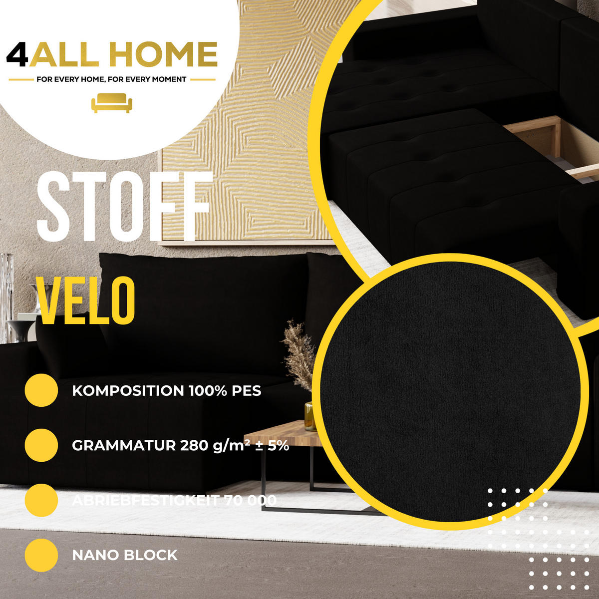 ECKSOFA Tico mit Bettkasten und Schlaffunktion, L-Form/XL-Form, Velourstoff, Universal - Schwarz, Holzwerkstoff (276/145cm) - 4ALL HOME