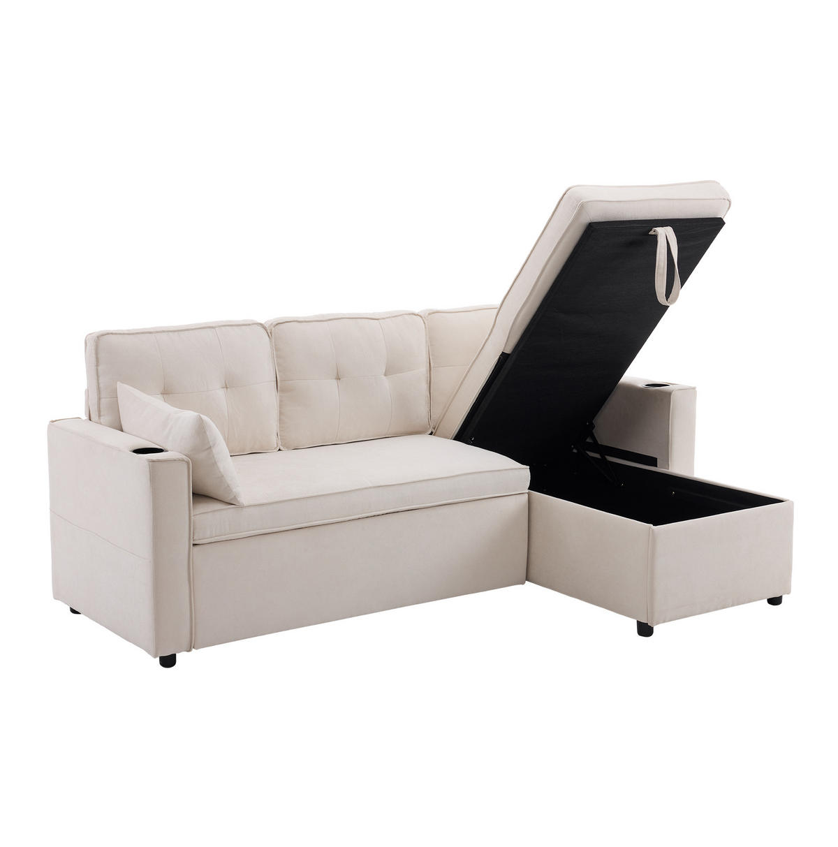 SCHLAFSOFA aus Baumwoll-Leinen 211x130x86 cm Beige mit Stauraum, Getränkehaltern und wechselbarer Chaiselongue - Beige, Textil (211/86/129.5cm) - Modfu