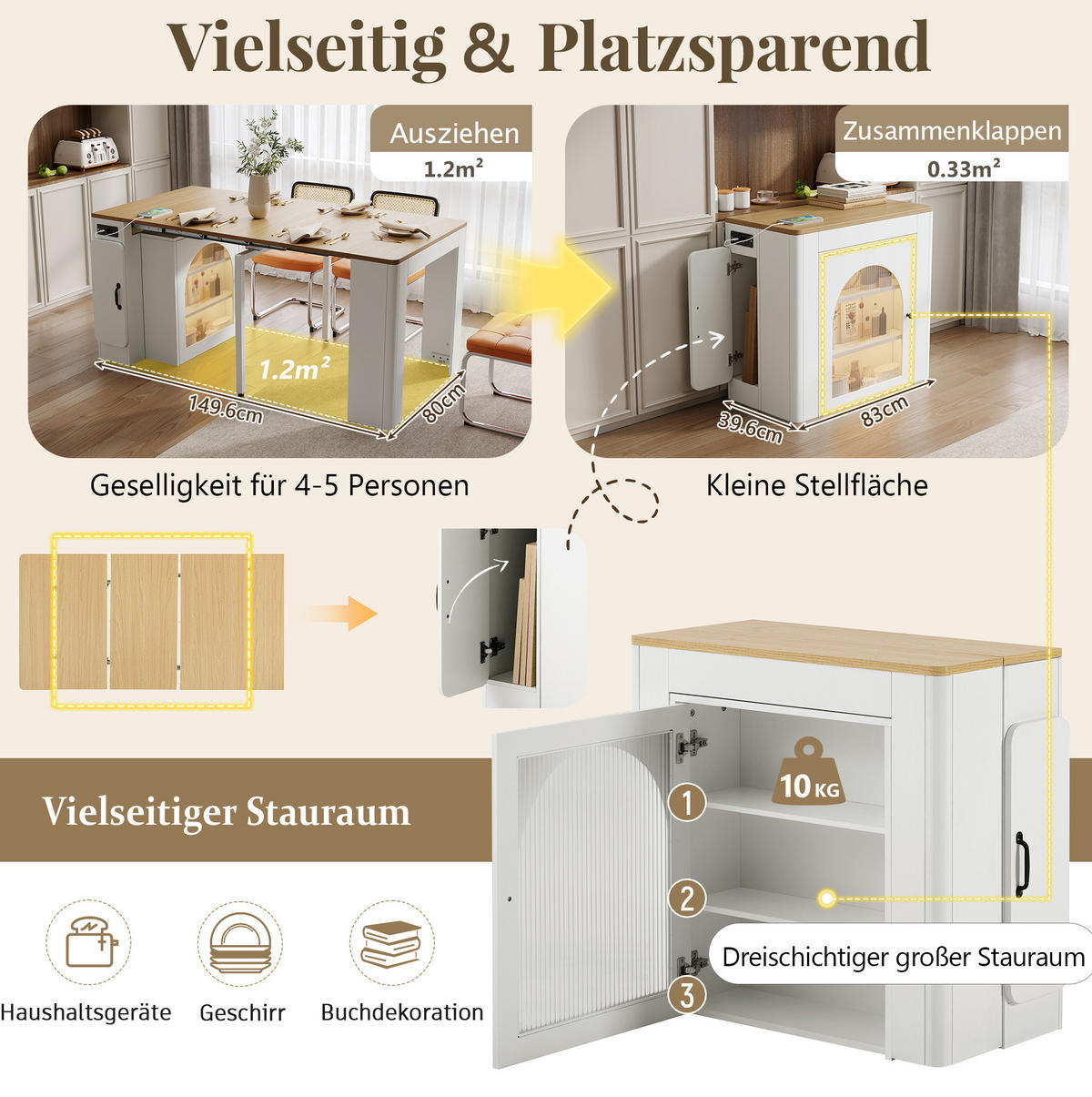 KÜCHENINSEL 83/39,6-149,6/77 cm naturfarben weiß aus MDF mit Auszug Rollen LED USB - Weiß, Holzwerkstoff (83/77/39.6cm) - OKWISH