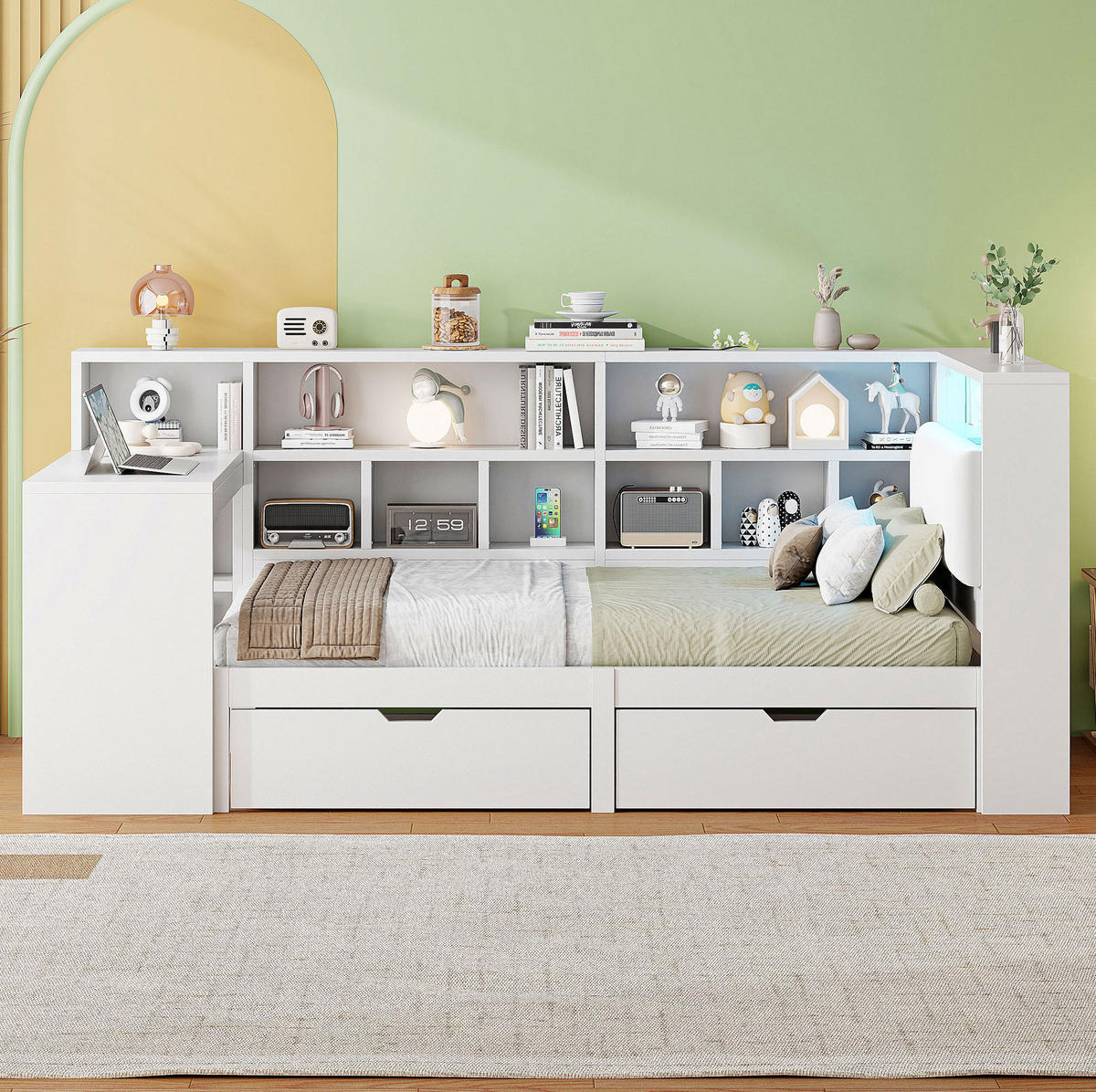 MULTIFUNKTIONSBETT 90/200 cm Weiß L-förmiges Bett mit Schreibtisch Bücherregal und LED-Beleuchtung - Weiß, Holzwerkstoff (90/200cm) - OKWISH