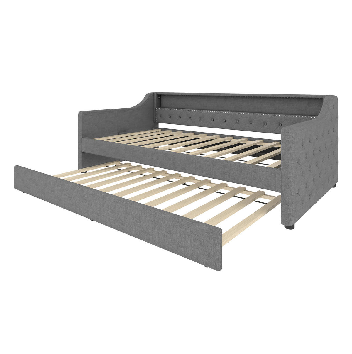 TAGESBETT 90/200 cm mit Ausziehbett, LED-Beleuchtung, USB-Anschluss und Lattenrost, Leinenbezug, Grau - Grau, Textil (90/200cm) - Redom