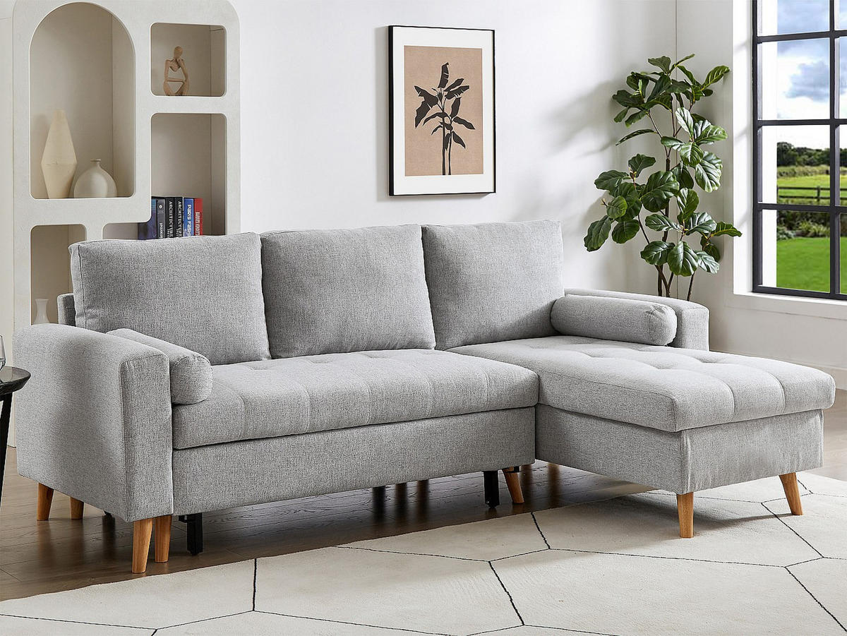 ECKSOFA mit Schlaffunktion & Bettkasten – Stoff – Hellgrau – KORI - Hellgrau, Textil (225/146cm) - Vente-Unique