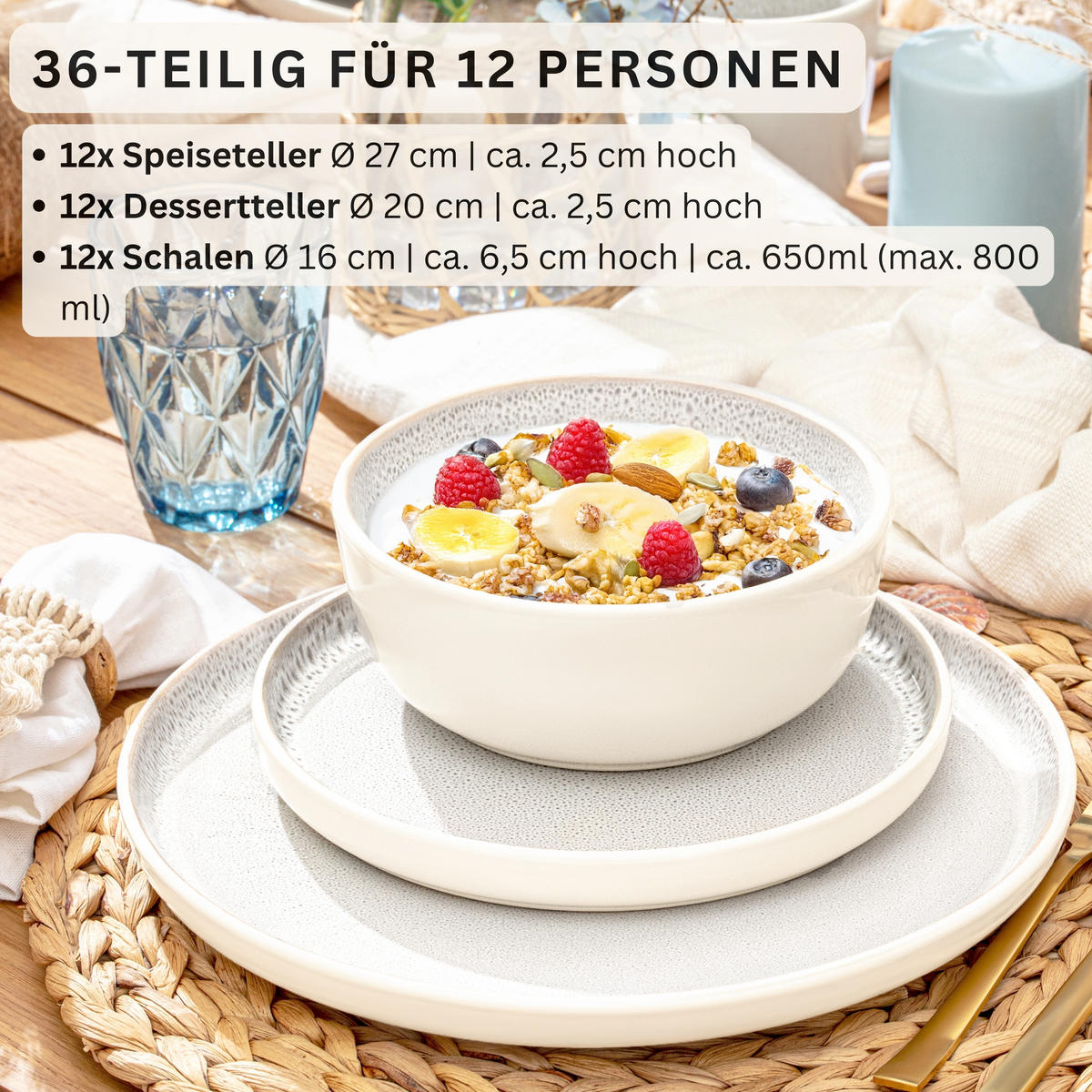 TAFELSERVICE KRETA - 36 teilig aus Steingut 12 Personen - Creme, Stein (50/30/80cm) - Sänger