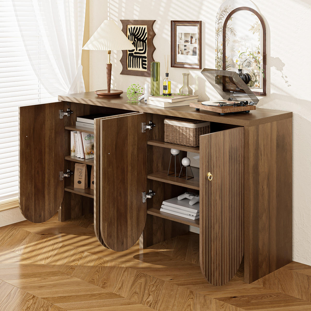 SIDEBOARD 147x40x80 Walnuss 4 Türen Verstellbare Böden Alugriffe - Naturfarben, Holzwerkstoff (40/80/147cm) - FLIEKS