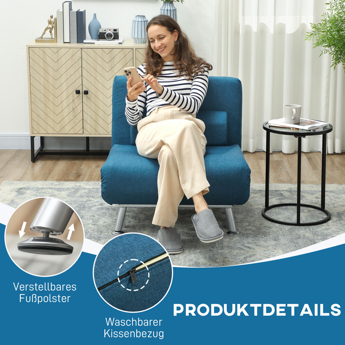 KLAPPBAR Schlafsessel Schlafsofa Klappmatratze Bett Gästebett Blau Sofa - Blau/Silberfarben, Textil/Metall (70/75/75cm) - HOMCOM