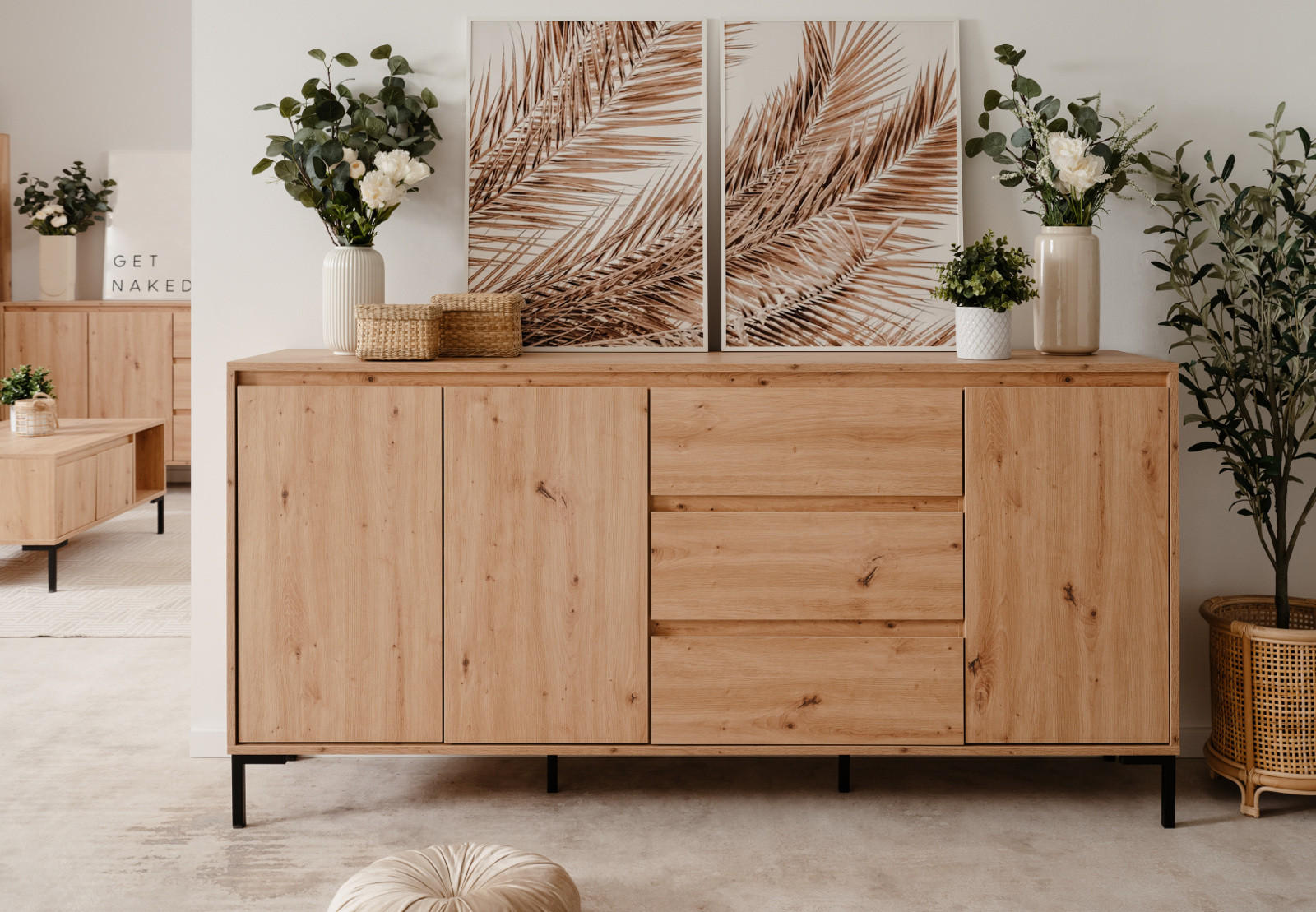 SIDEBOARD Eiche Artisan 170 cm, Kommode mit viel Stauraum - Schwarz/Eiche Artisan, Holzwerkstoff/Metall (170/87/40cm) - Furn.Design