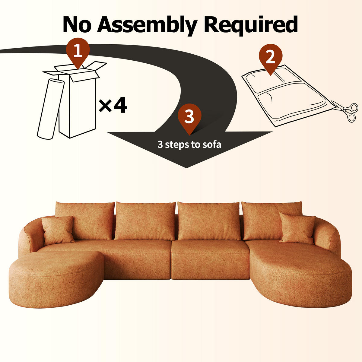 WOHNLANDSCHAFT Rechts, 3-Sitzer U-Form 336 cm ohne Montage, DE-34817, Orange - Orange, Textil (336/85/168cm) - ComfortXL