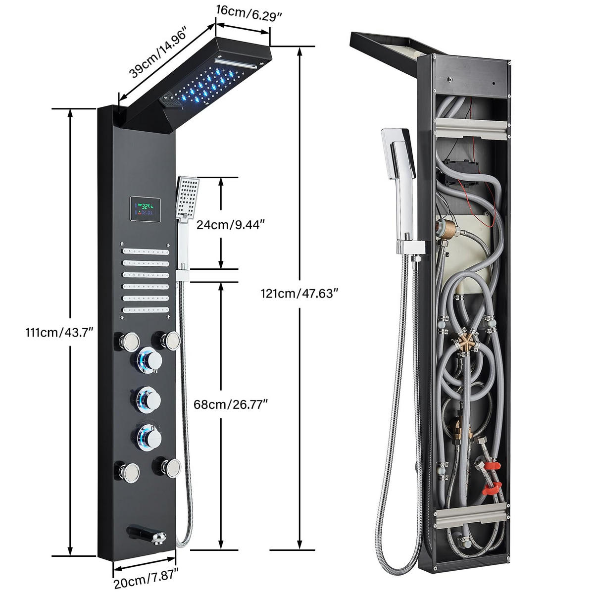 ÜBERKOPFBRAUSESET Edelstahl Hydromassage LED Digitalanzeige Silber - Silberfarben, Metall (16/121/39cm) - Kaket
