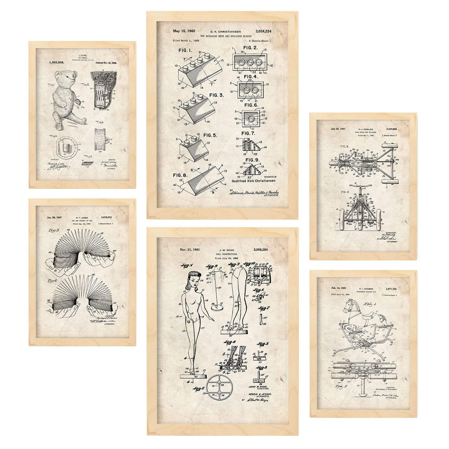 POSTER Set Mit 6 Plakaten Mit Spielzeuge Patenten Im Vintage Stil A3 & A4 Rahmen Aus Hellem Holz - Beige, Papier (29/3cm) - Nacnic